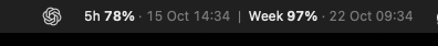 Actual Mac menu bar showing 5h 78% remaining, resetting 15 Oct 14:34, and Week 97% remaining, resetting 22 Oct 09:34.